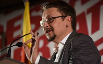 Xavier Domènech durant el míting a la Fira Sabadell. | Foto: Roger Benet